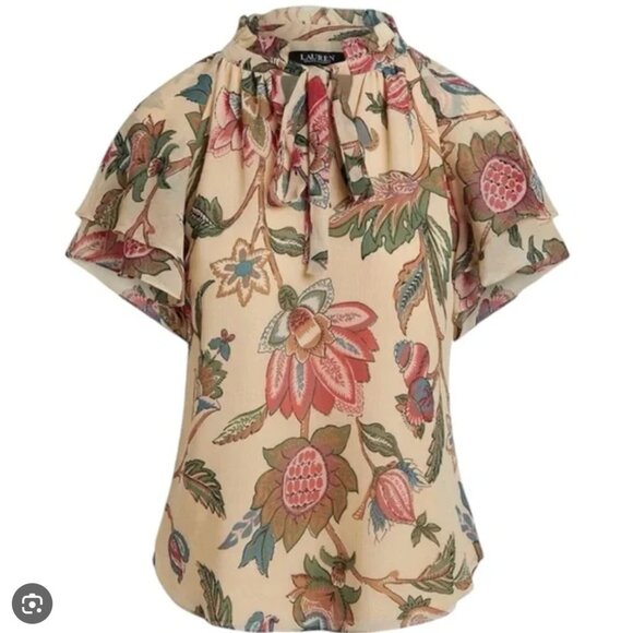 Lauren Ralph Lauren Floral Crinkle Georgette Tie-Neck Blouse Flowy Chiffon Sz 3X - Picture 4 of 7